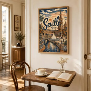 Sevilla reseposter, vintage Spanien väggkonst, andalusisk torgdekor bild 10