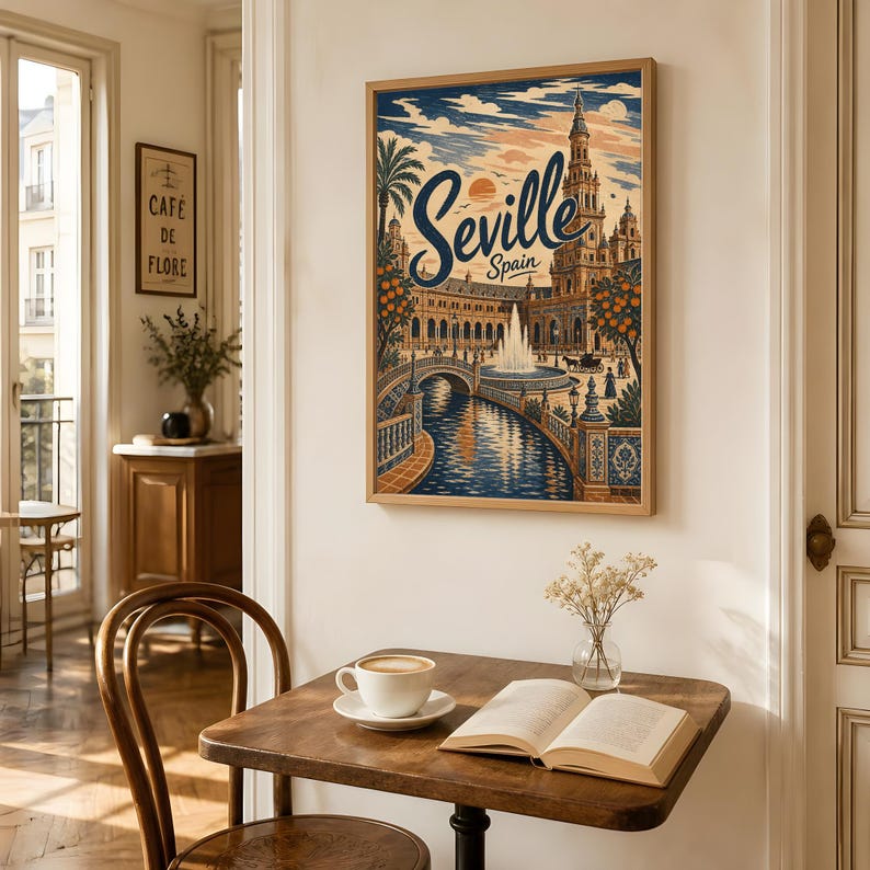 Sevilla reseposter, vintage Spanien väggkonst, andalusisk torgdekor bild 10