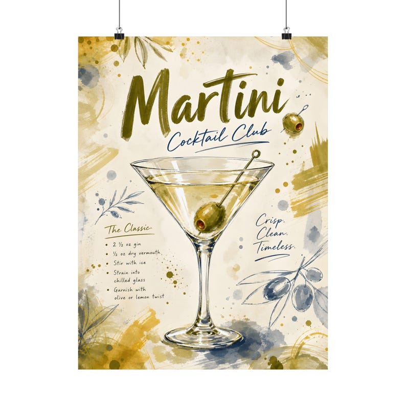 Martini Cocktail Club Wall Art, Classic Drink Recipe Print, Kitchen Bar Decor image 2