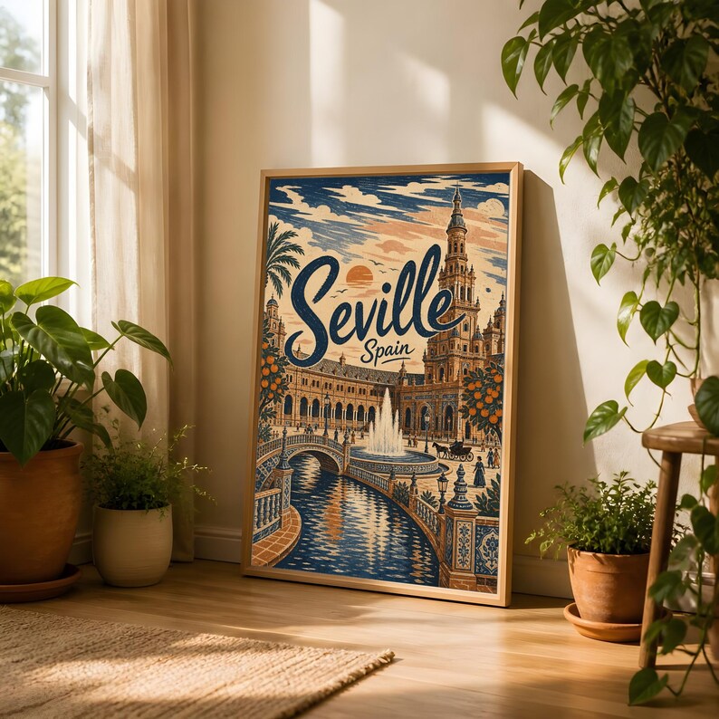 Sevilla reseposter, vintage Spanien väggkonst, andalusisk torgdekor bild 4