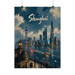 Shanghai Skyline Poster, Bund Night Cityscape Wall Art image 2