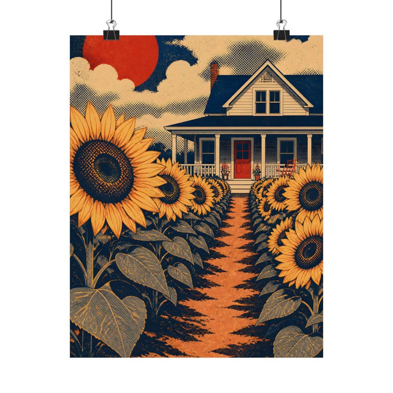 Sunflower Field Farmhouse Wall Art, Rural Landscape Decor, Vintage Countryside Poster image 2