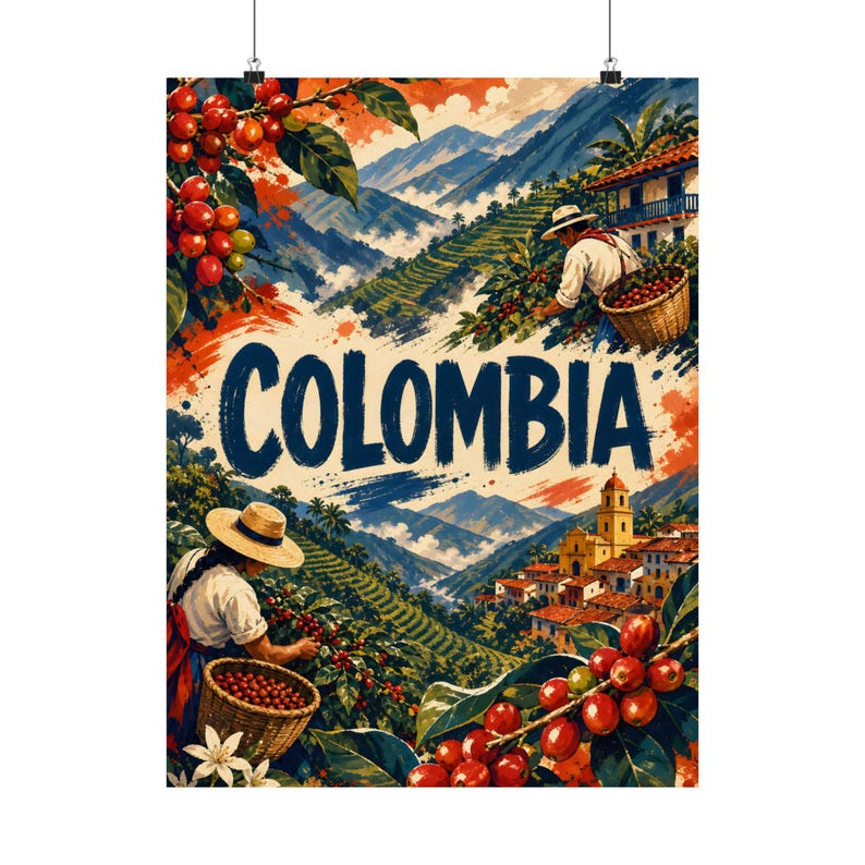 Kolumbien Kaffee Farm Kunstdruck, Vintage Stil Reise Poster, Südamerika Wanddekoration Bild 2