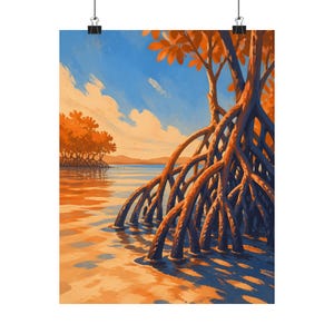 Mangrove Wall Art, Tropical Coastal Poster, Orange Blue Landscape Decor image 10