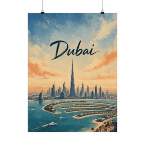 Reisposter van Dubai, vintage kunstwerk van de skyline van de VAE, decoratie voor de Burj Khalifa afbeelding 2