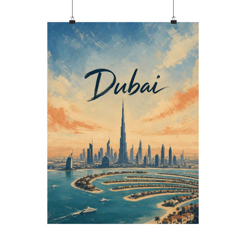 Reisposter van Dubai, vintage kunstwerk van de skyline van de VAE, decoratie voor de Burj Khalifa afbeelding 2