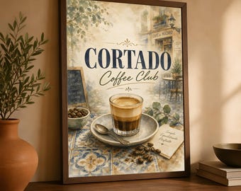 Cortado Coffee Club Wandbild, Aquarelldruck eines Madrider Cafés, Poster für Küchengetränke