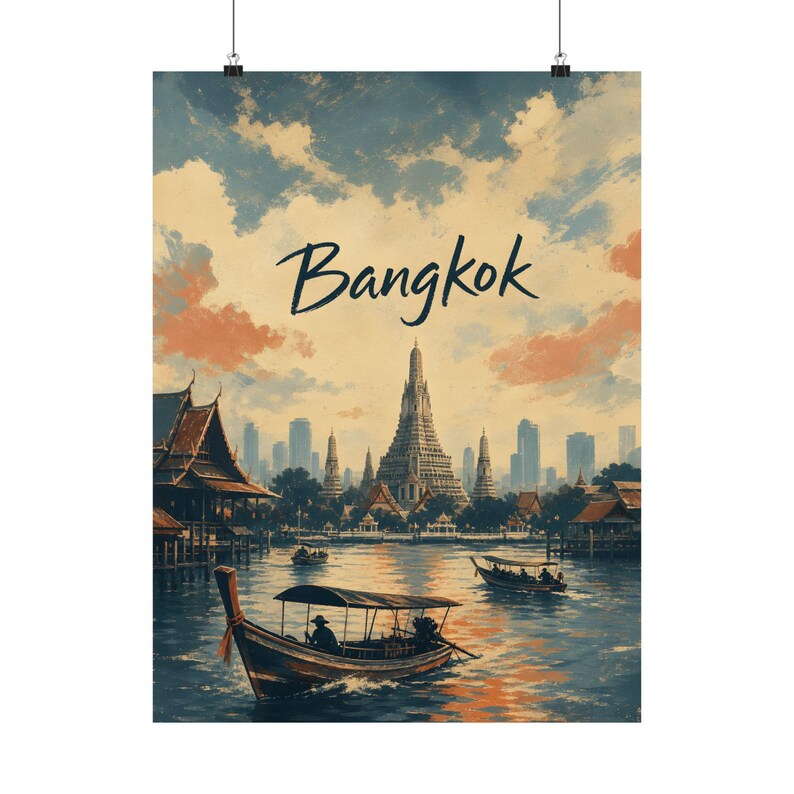 Bangkok Travel Poster, Vintage Thailand Wall Art, Wat Arun River Decor image 2