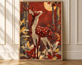 Deer Wall Art, Autumn Woodland Moon Poster, Rustic Forest Decor