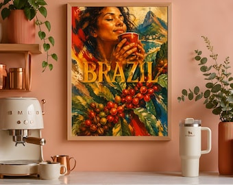 Brazil Coffee Wall Art, Vintage Kitchen Poster, Rio de Janeiro Home Decor