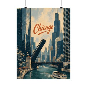 Plakat z panoramą Chicago, sztuka podróżnicza z widokiem na rzekę w stylu vintage zdjęcie 2