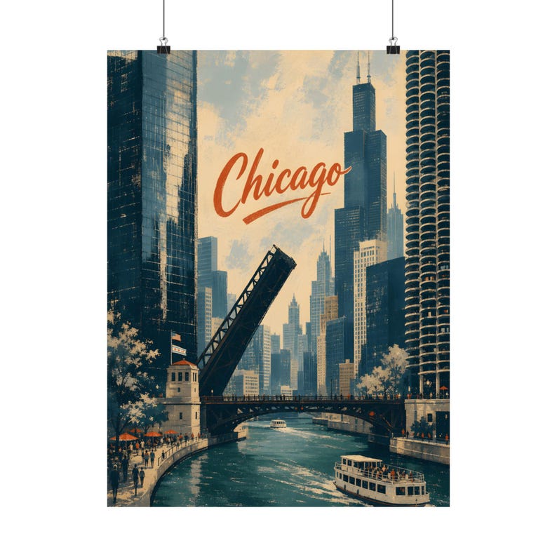 Plakat z panoramą Chicago, sztuka podróżnicza z widokiem na rzekę w stylu vintage zdjęcie 2