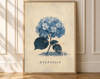 Hortensien-Wandbild, Vintage-Botanikposter, blaue Blumendekoration