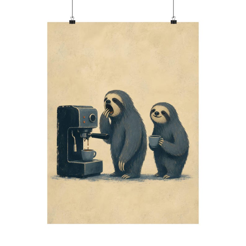 Sloth Coffee Wall Art, Retro Espresso Machine Animal Poster image 9