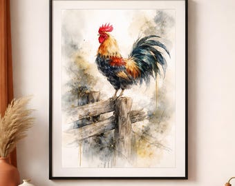 Rooster Watercolor Wall Art Poster, Farmhouse Kitchen Decor Print, Rustic Country Cottage Animal Painting