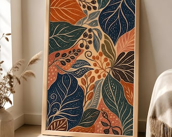 Botanical Matte Poster, Boho Foliage Wall Art, Retro Nature Decor