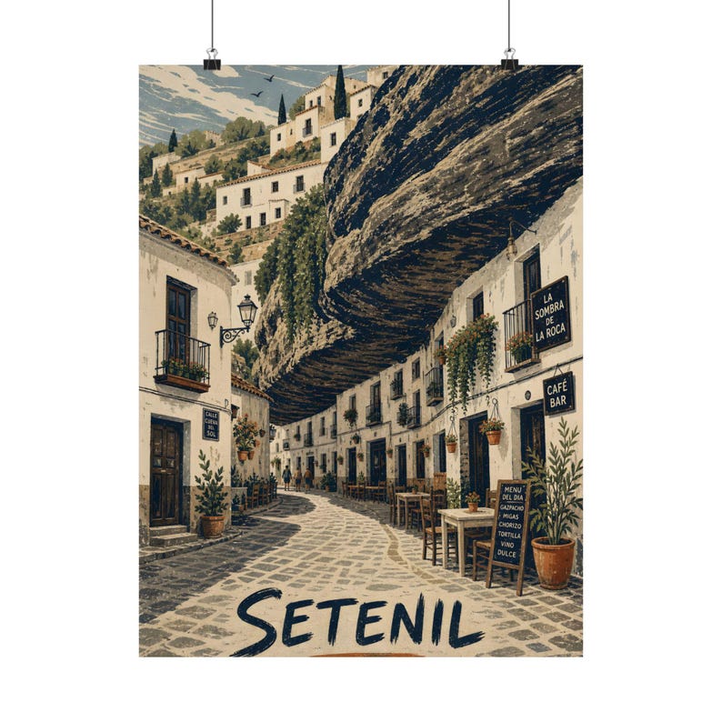 Poster di Setenil de las Bodegas, arte di viaggio del villaggio spagnolo, decorazione murale in linoleografia immagine 2