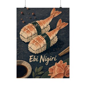 Ebi Nigiri poster, Japanse sushi keuken muurdecoratie, Scandinavische linosnede decoratie afbeelding 3