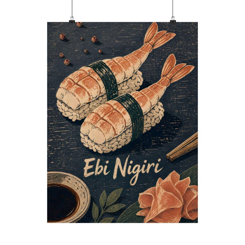 Ebi Nigiri poster, Japanse sushi keuken muurdecoratie, Scandinavische linosnede decoratie afbeelding 3