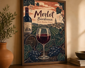 Merlot Wine Poster, Vintage Bordeaux Vineyard Art, French Kitchen Decor