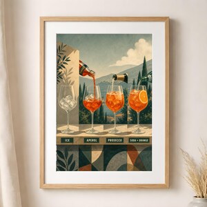 K&ouml;nnte beinhalten: Ein gerahmter Kunstdruck, der die Zubereitung eines Aperol Spritz in vier Schritten darstellt. Die Abfolge zeigt ein leeres Glas mit Eis, ein Glas mit Aperol, ein Glas mit Prosecco und einen fertigen Cocktail mit Soda und einer Orangenscheibe.