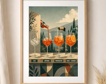 Aperol Spritz Recipe Wall Art, Italian Cocktail Print, Mediterranean Bar Cart Decor