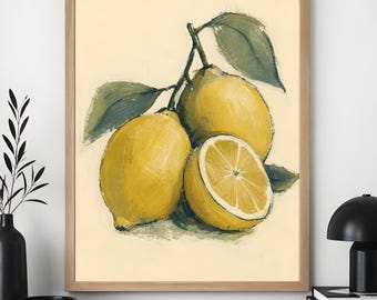Lemon Wall Art Poster, Minimal Fruit Kitchen Decor, Vintage Botanical Illustration