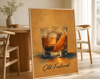 Old Fashioned Cocktail Poster, Vintage Whiskey Bar Art