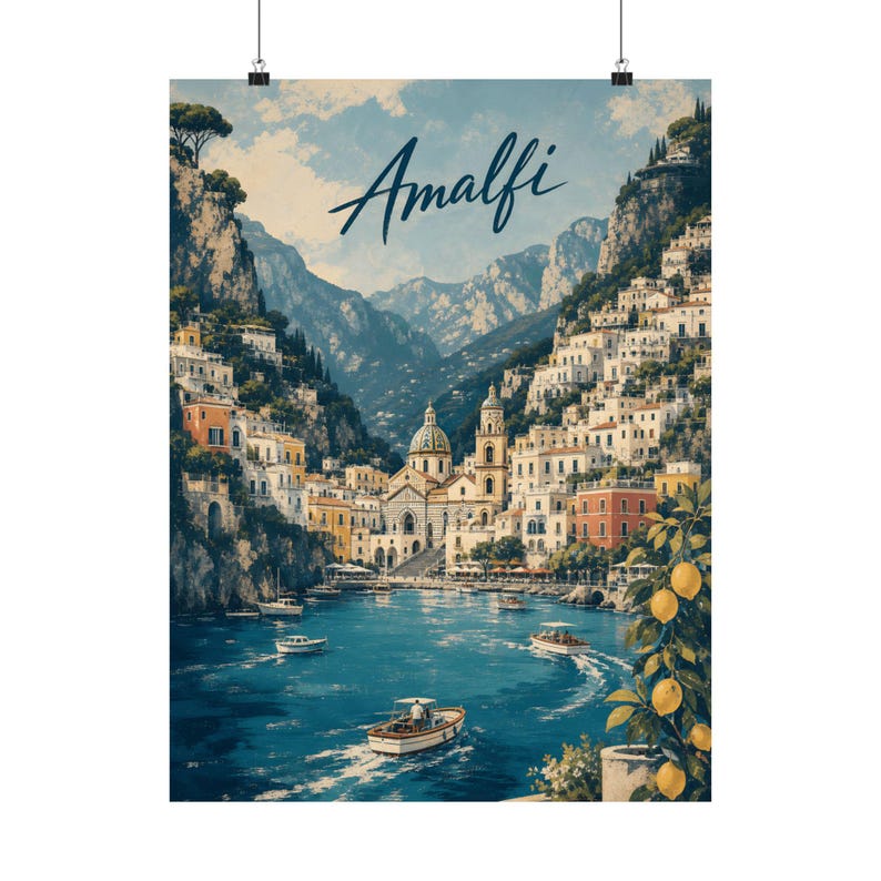 Amalfi-Küste-Poster, Vintage-Reisekunst aus Italien, mediterrane Küstendekoration Bild 2