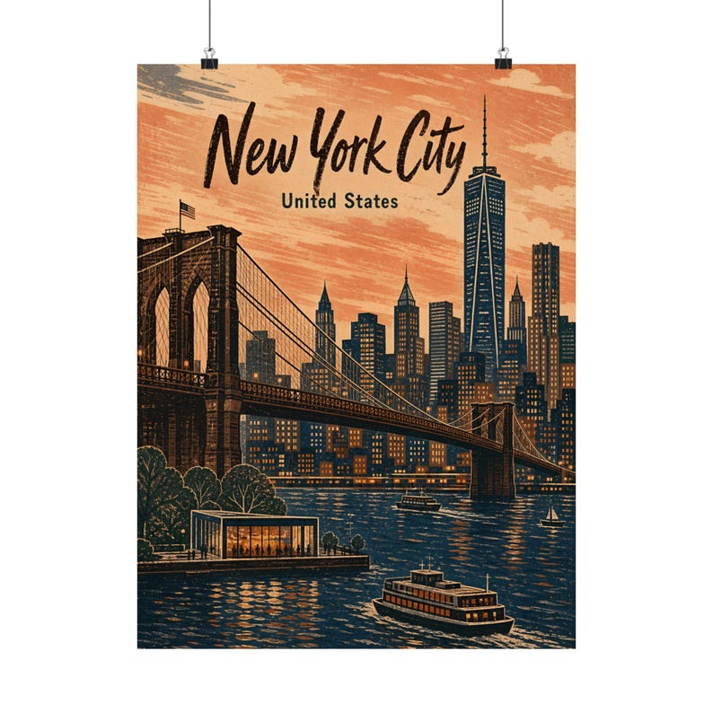 New York City Poster, Vintage Brooklyn Bridge Travel Art image 2
