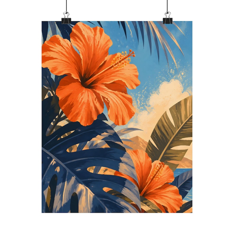 Cuadro de hibisco para pared, póster botánico tropical, decoración costera con hojas de palmera. imagen 2