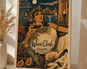 Cleopatra Wine Club Poster, Ancient Egypt Art, Vintage Bar Decor