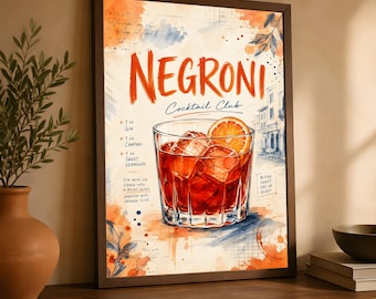 Negroni Cocktail Print, Italian Drink Recipe Wall Art, Bar Cart Decor Poster