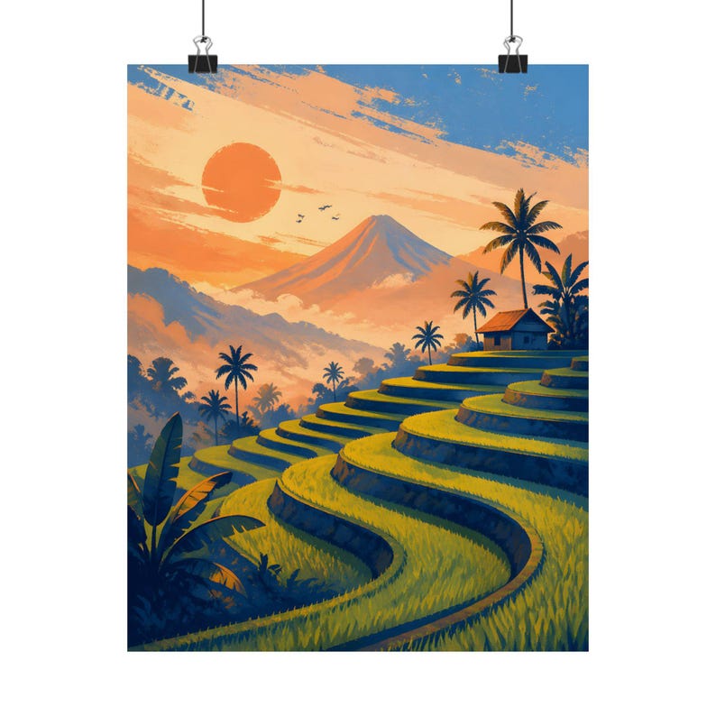 Rice Terrace Wall Art, Tropical Landscape Poster, Mountain Sunset Decor image 2