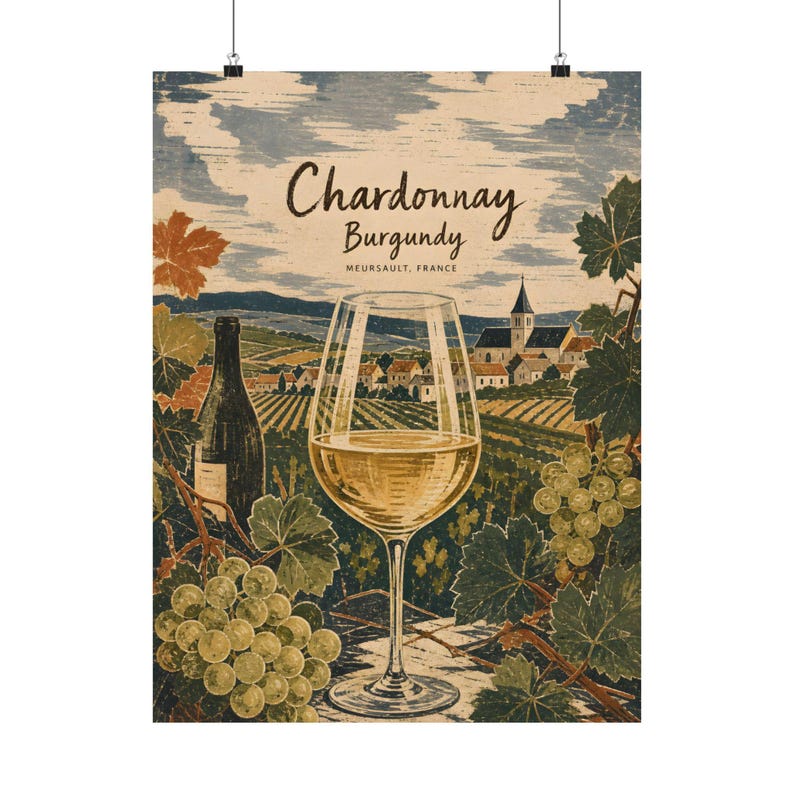 Affiche de vin Chardonnay, art mural de cuisine vintage des vignobles de Bourgogne image 2