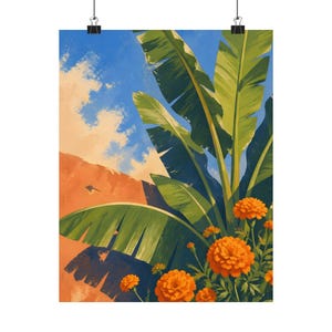 Poster con foglie di banano, decorazione murale botanica tropicale, arredamento mediterraneo. immagine 2