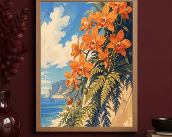 Orange Orchidee Poster, Tropische Küstenwandkunst, Vintage botanische Dekoration