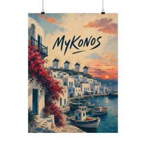 Mykonos Poster, Greek Island Travel Art, Mediterranean Coastal Decor image 2