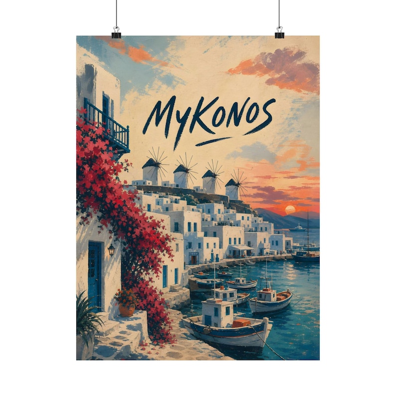 Mykonos Poster, Greek Island Travel Art, Mediterranean Coastal Decor image 2