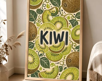 Plakat z kiwi, sztuka ścienna do kuchni w stylu retro, botaniczny wystrój jedzenia