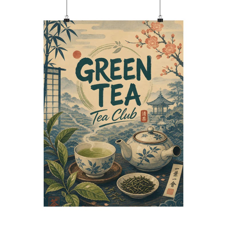 Green Tea Club Poster, Japanese Tea Art Print, Zen Kitchen Wall Decor image 2