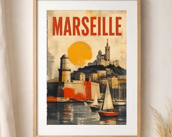 マルセイユ旅行アートプリント、フレンチリビエラの街並み、ヴィンテージ地中海ウォールアート