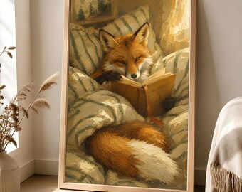 Reading Fox Wall Art, Cozy Woodland Book Lover Poster