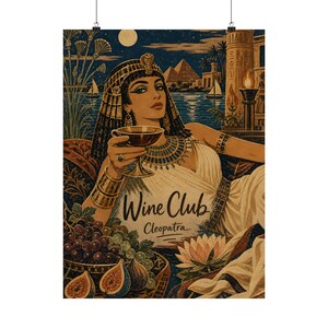 Cleopatra Wine Club Poster, Ancient Egypt Art, Vintage Bar Decor image 2