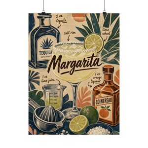 Pôster com receita de Margarita, arte de parede escandinava em linóleo para coquetéis. imagem 10