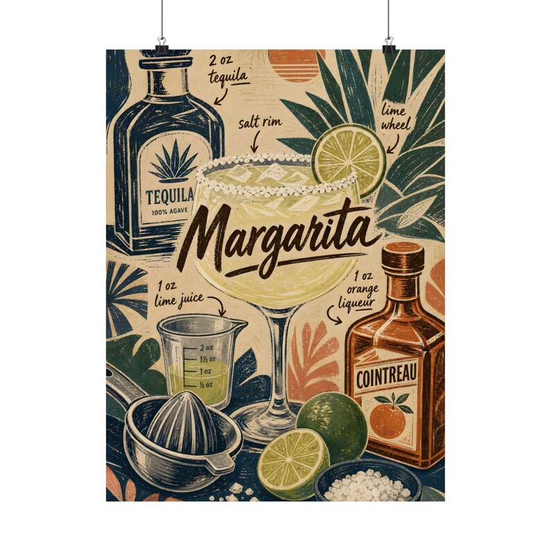 Pôster com receita de Margarita, arte de parede escandinava em linóleo para coquetéis. imagem 10