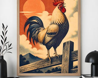 Arte de parede com galo, decoração de cozinha estilo fazenda, estampa rústica de animal