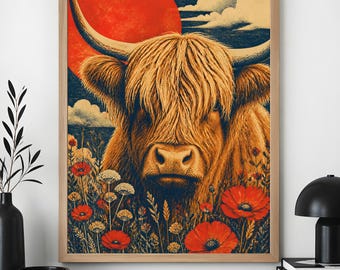 Quadro decorativo de vaca das Terras Altas, estilo fazenda, com estampa de campo de papoulas vermelhas e sol.