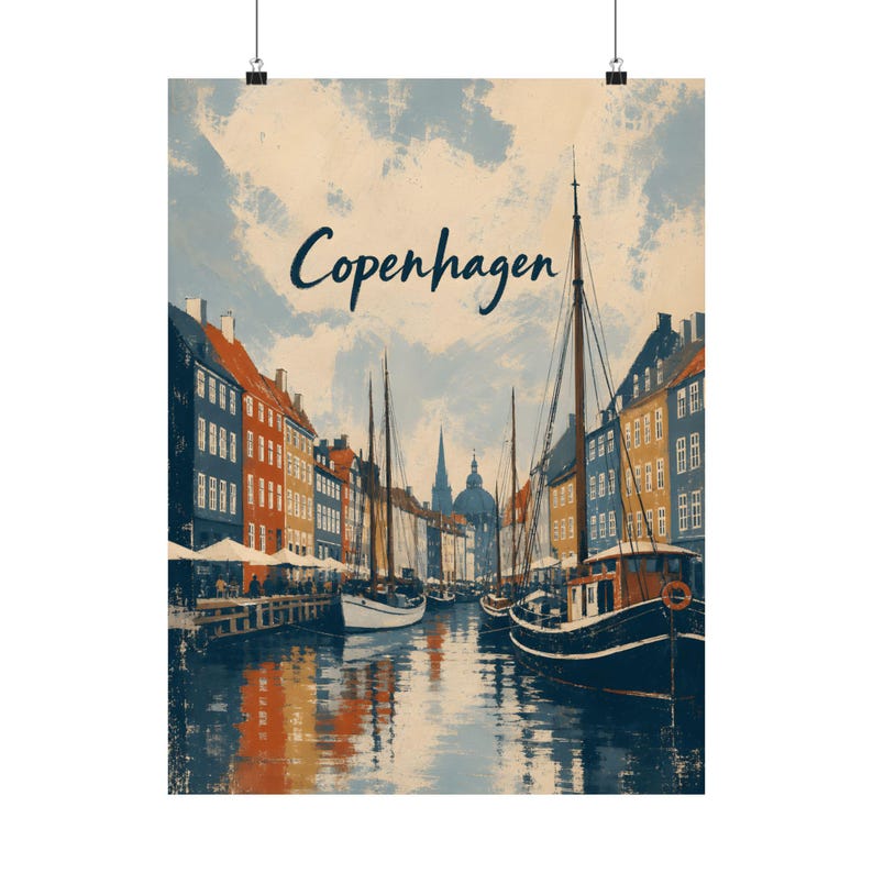 Poster di viaggio di Copenhagen, arte scandinava da parete vintage sul canale di Nyhavn immagine 2