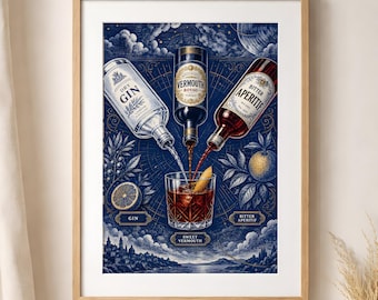 Cuadro decorativo de cóctel Negroni, decoración para carrito de bar, impresión de receta de bebida clásica.